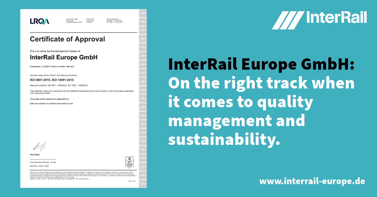 InterRail Europe GmbH, Germany, is ISO certified